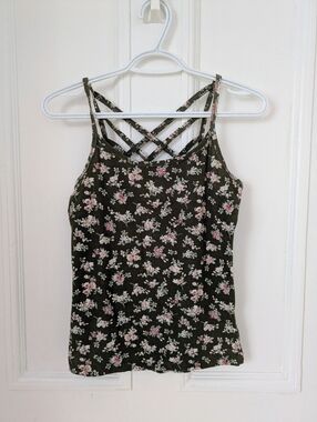 Green Floral Crisscross Cami with Pink Flowers